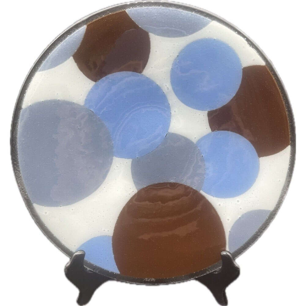 Fused Art Glass Modern Round BLUE GRAY WHITE BROWN Platter 13.75” Signed
